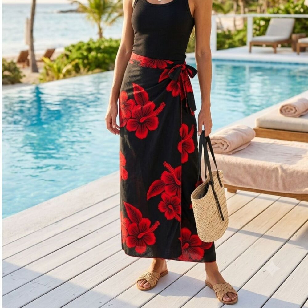 Hibiscus Floral Wrap Skirt Maxi Cover Up Red Black Tropical Hawaiian Beach